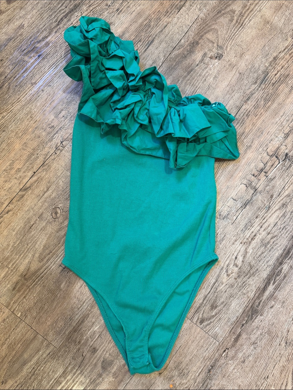Zara Teal One-Shoulder Ruffle Bodysuit
